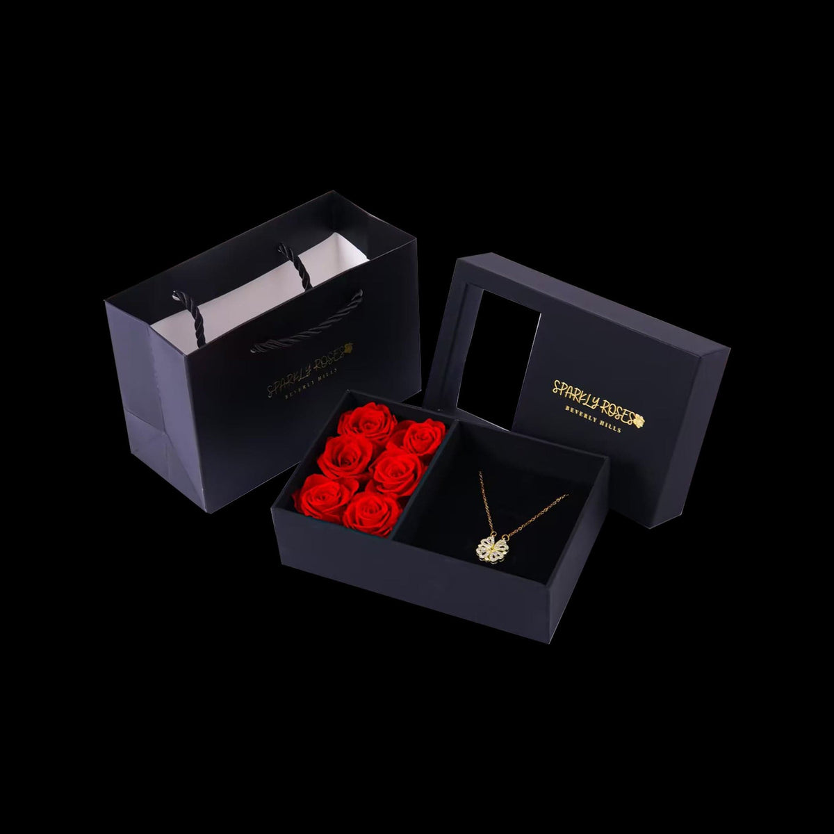 Sparkly Roses Clover Heart Necklace Gift Set