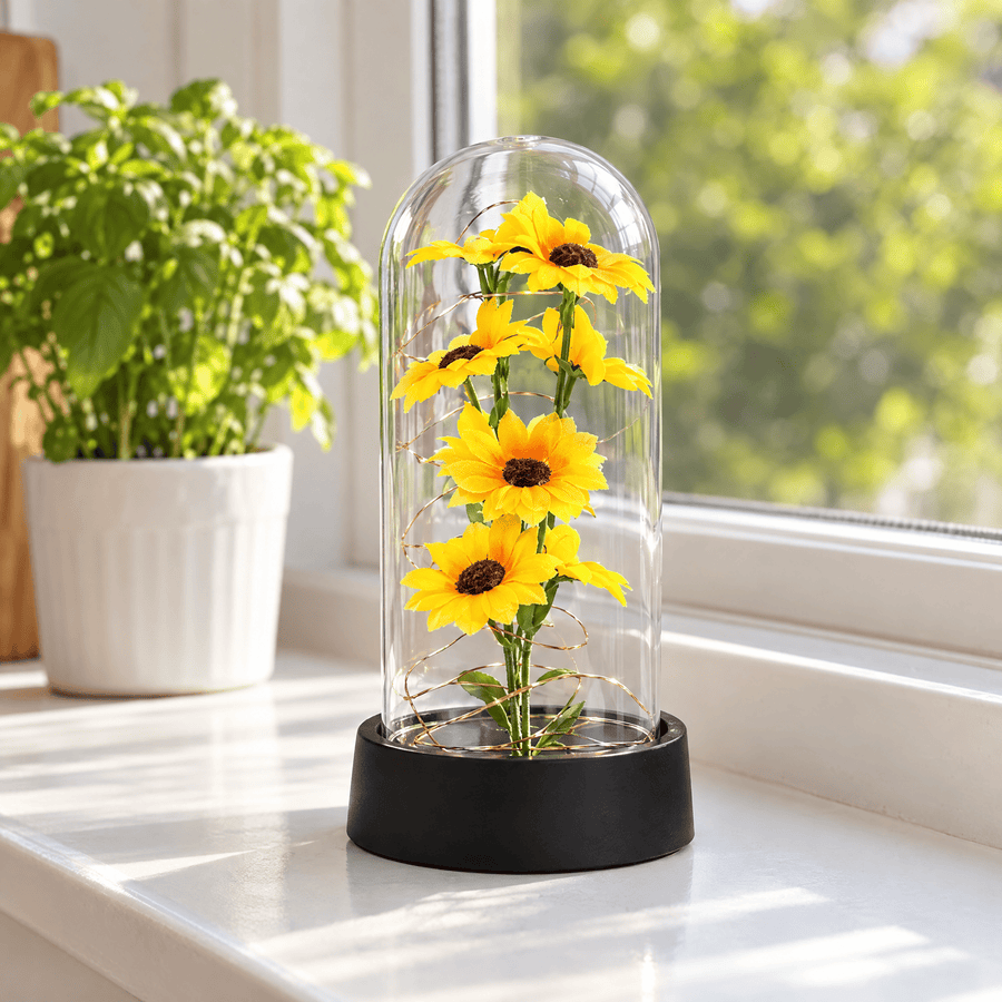 Little Sunshine Sunflower with lights off in daylight
