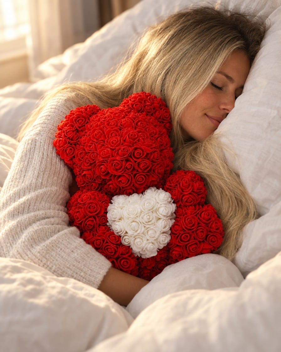 Asleep, holding her red Rose Bear
