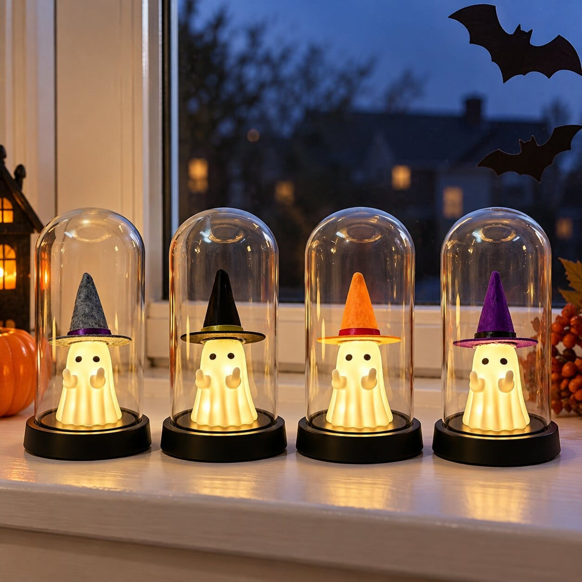 All four little witch ghost domes glowing in a row
