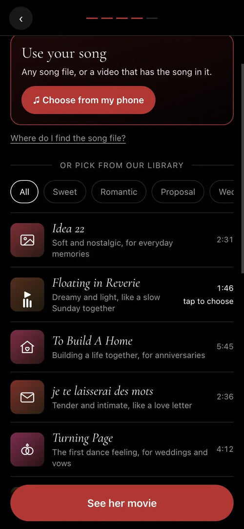 The movie maker song screen with your own song and the piano library