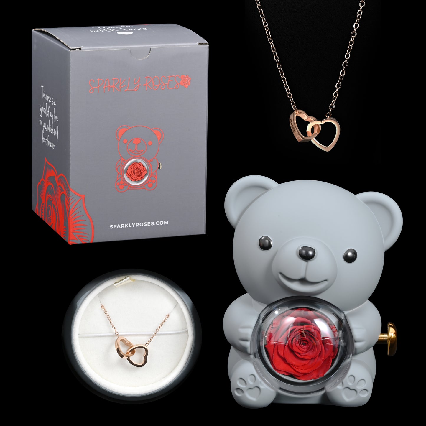 Eternal Rose Bear W/ Engraved Necklace