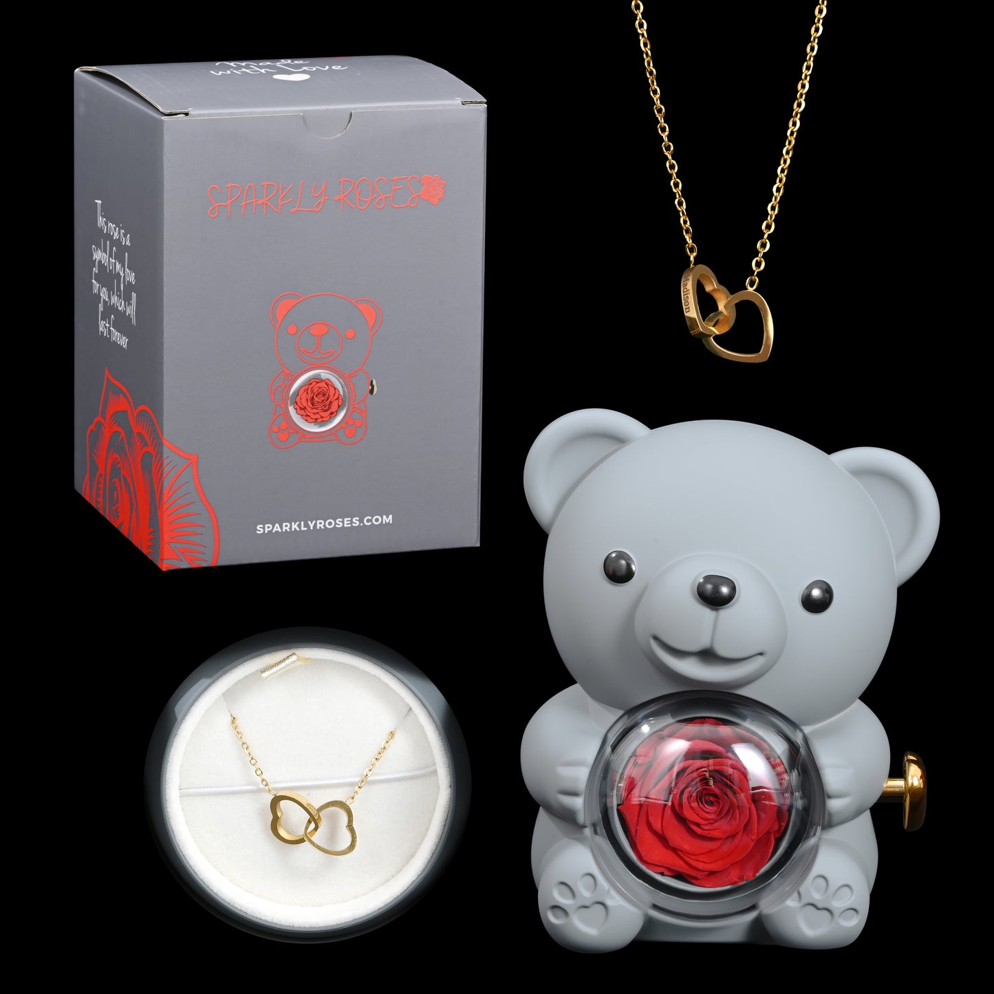 Eternal Rose Bear W/ Engraved Necklace