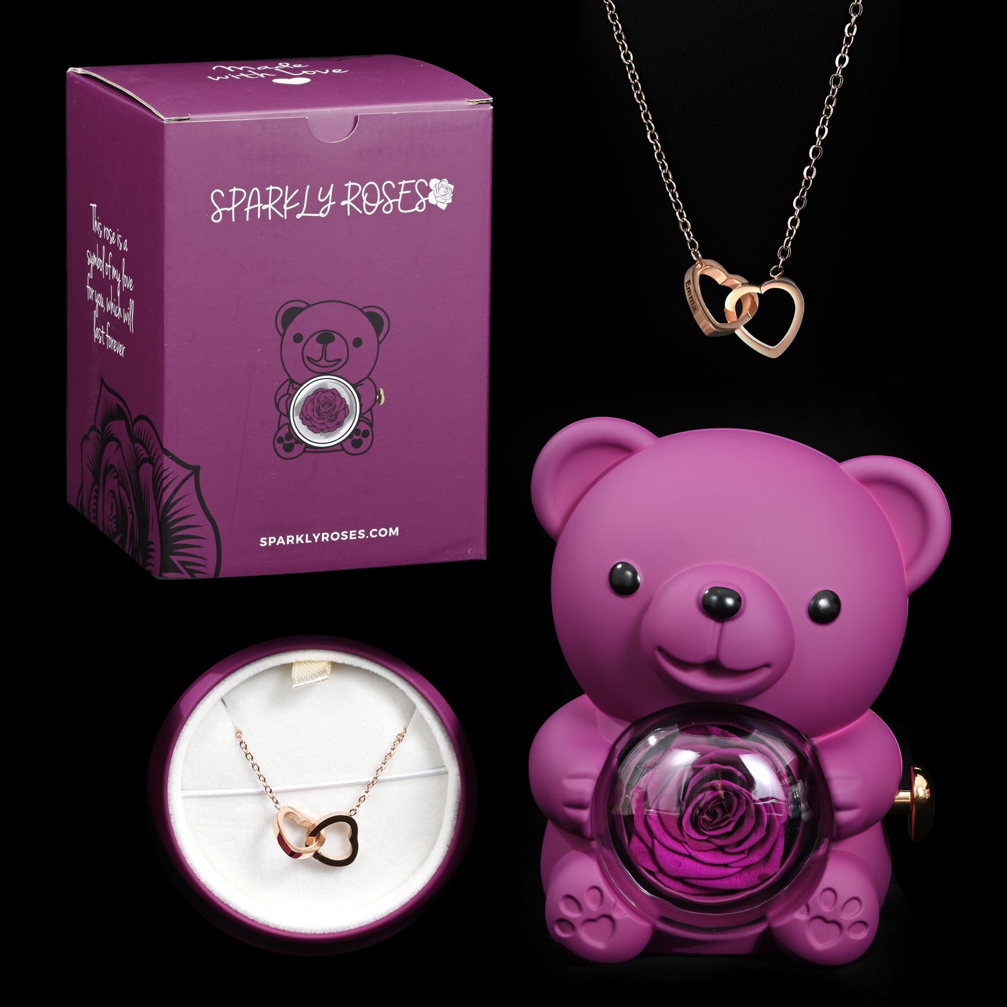 Eternal Rose Bear W/ Engraved Necklace