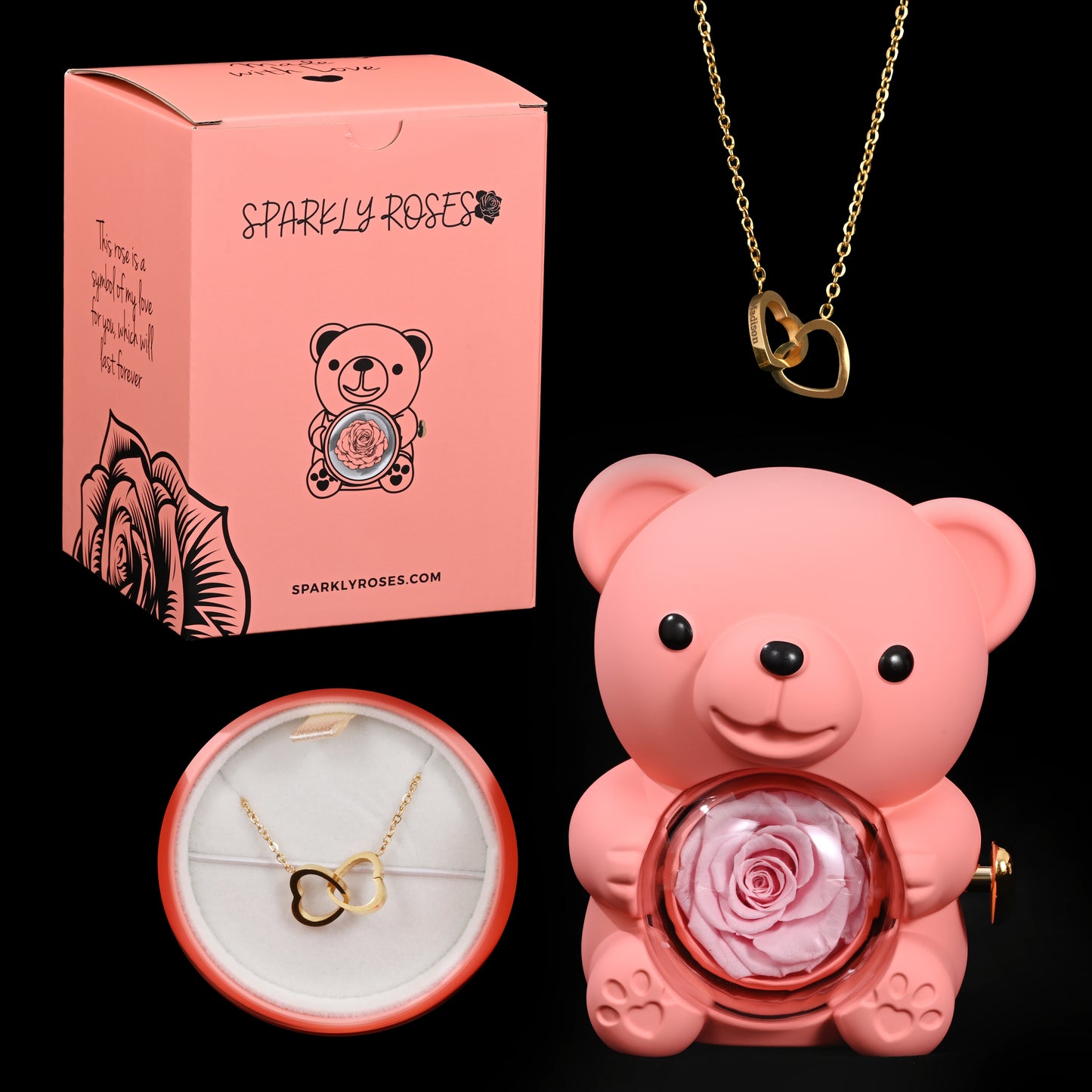 Eternal Rose Bear W/ Engraved Necklace