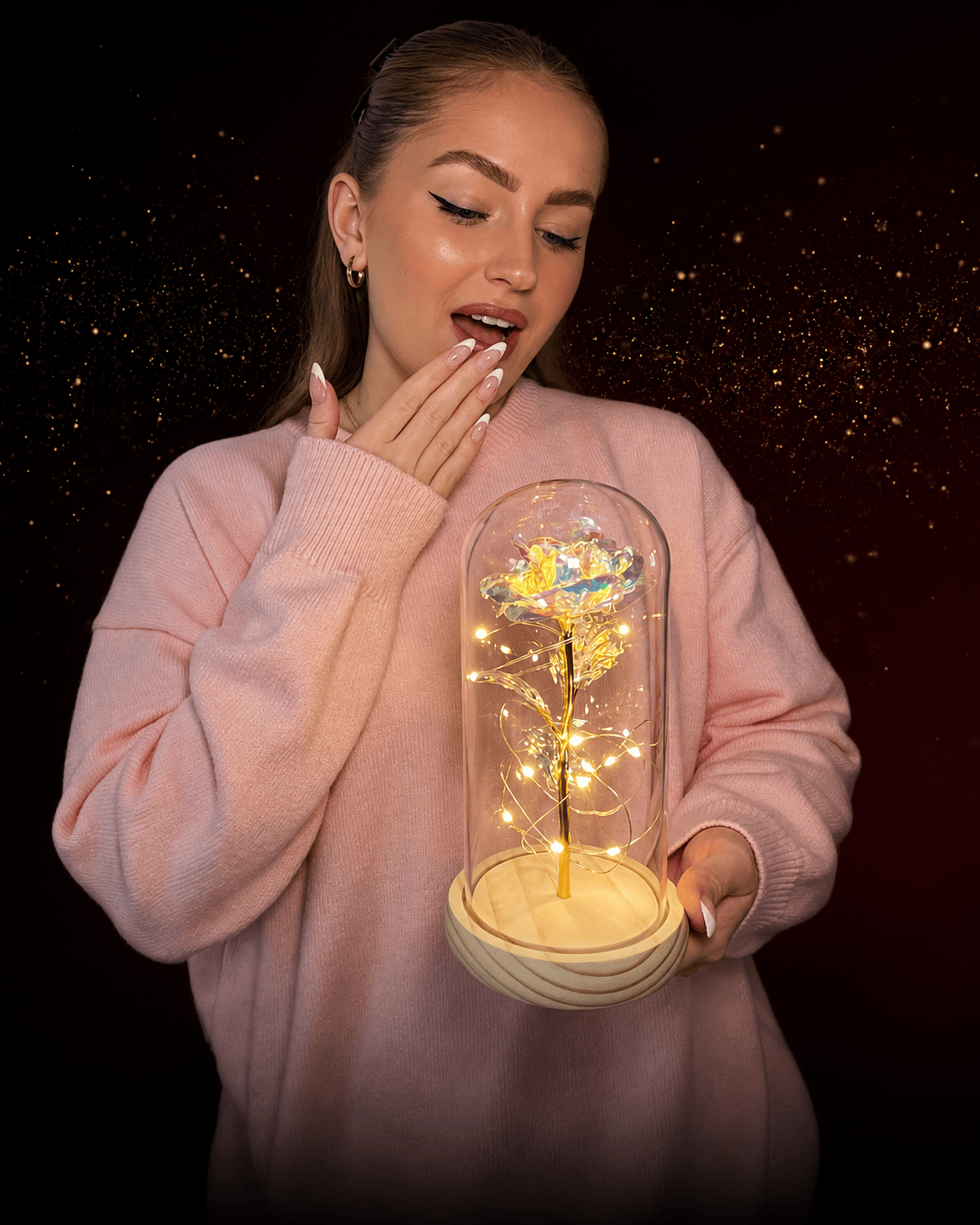 She gasps as she opens the glowing rose