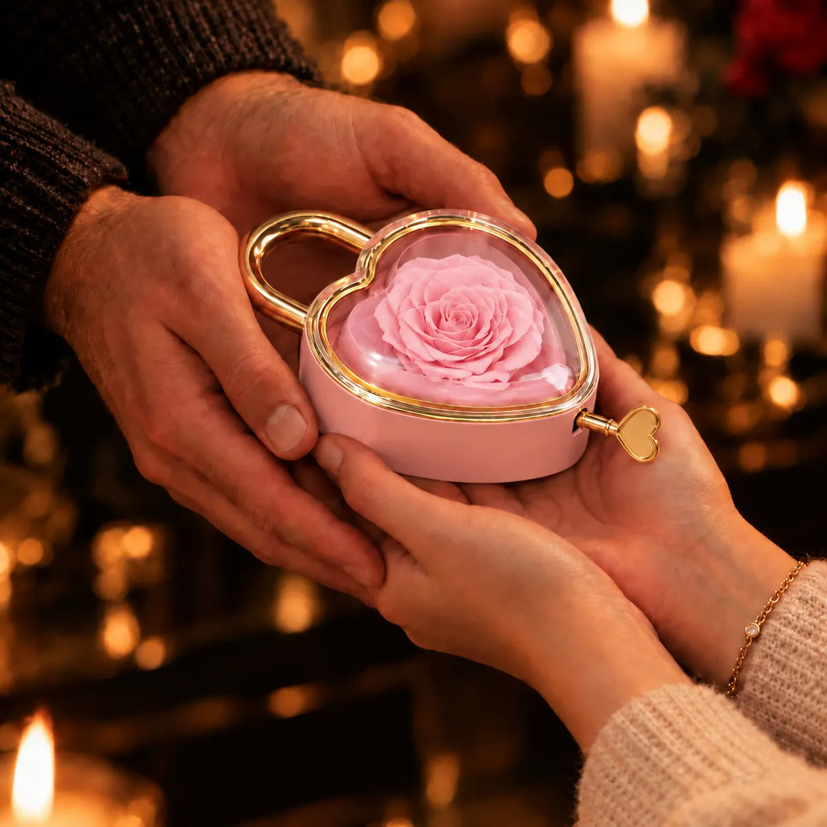 Hands passing the pink rose heart lock box by candlelight