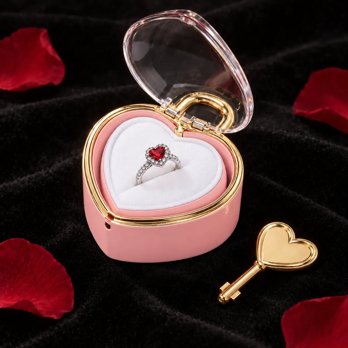 The heart box opened, a Promise Ring inside and the golden key beside it