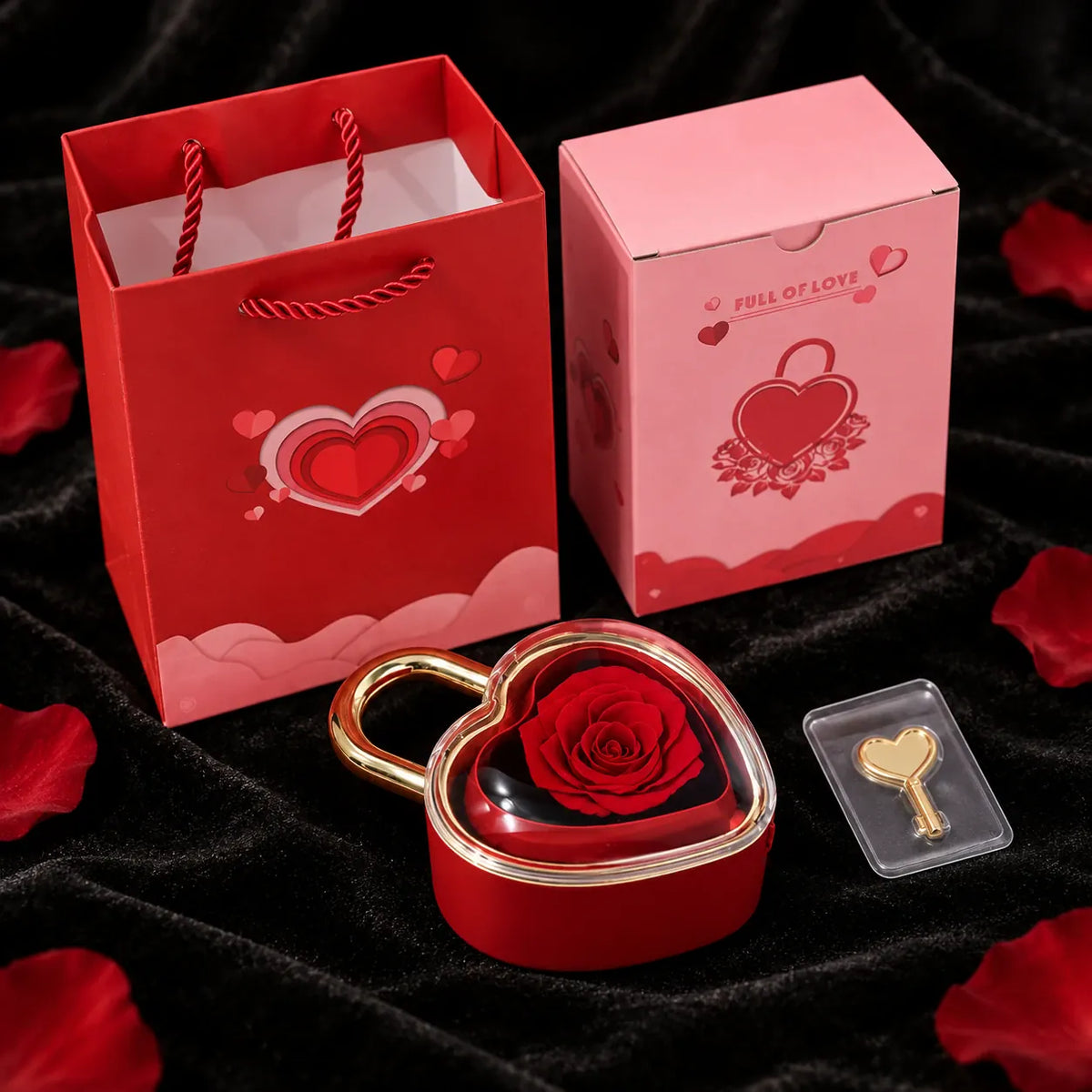 Red gift bag, pink gift box, the red rose heart lock box and the golden key