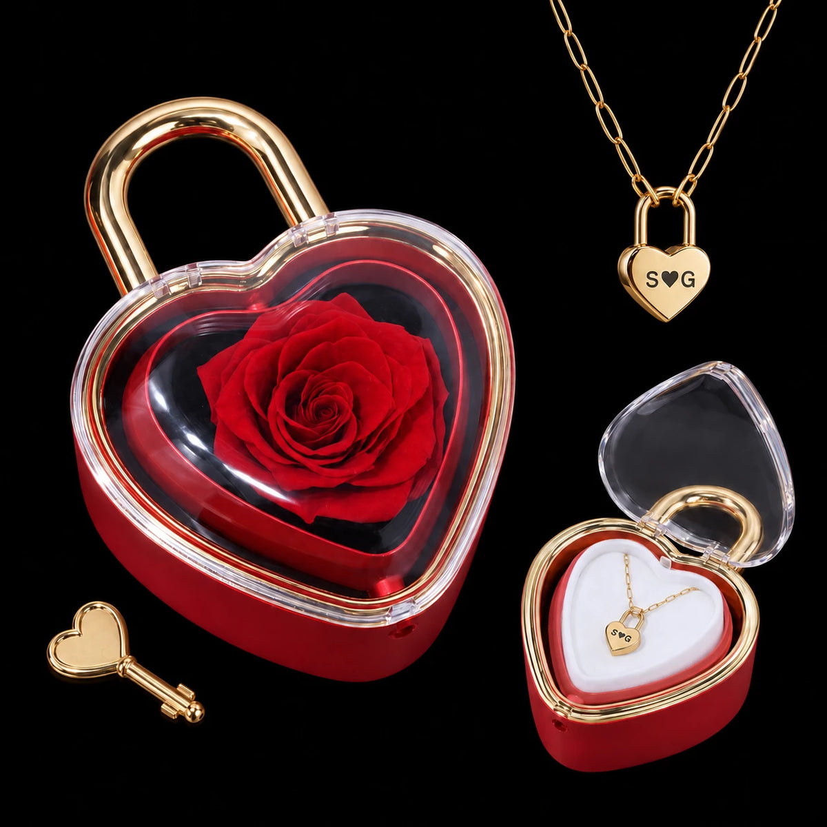Red rose in the heart lock box with its golden key