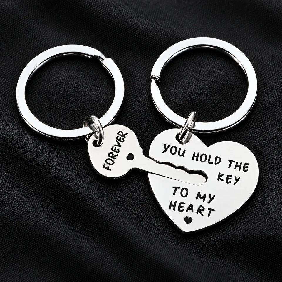 His and hers heart and key keychain pair