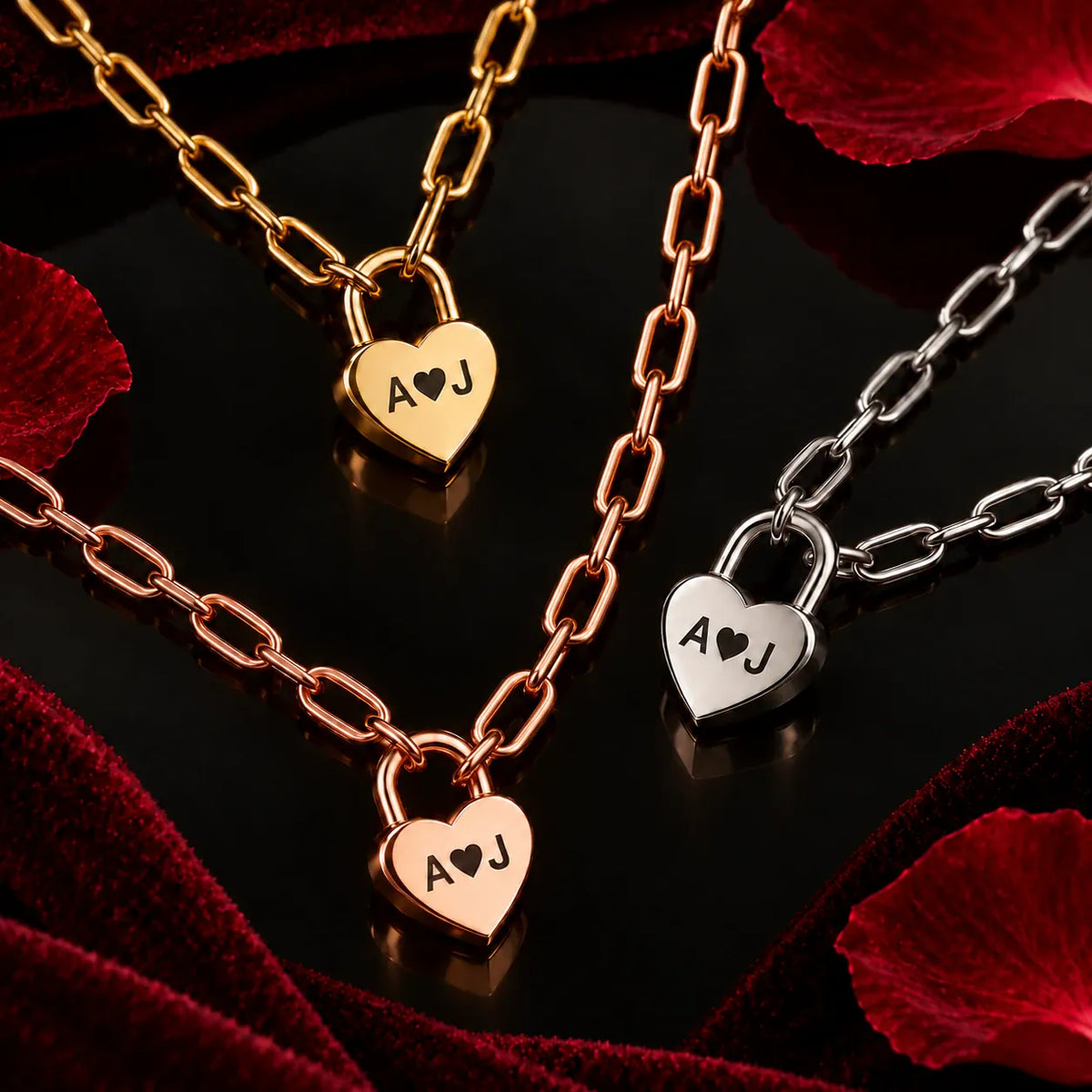 Heart Lock necklaces with engraved initials in gold, rose gold and silver