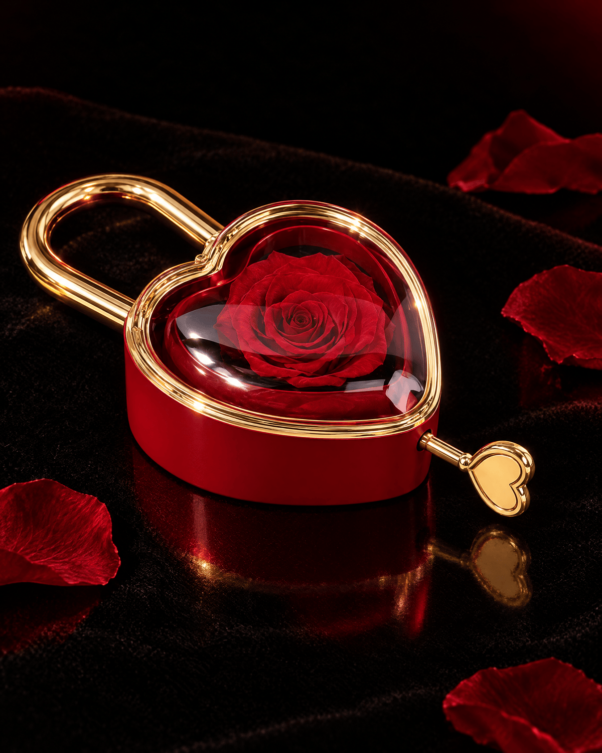 Love Lock Rose, red rose in a heart padlock box with gold key