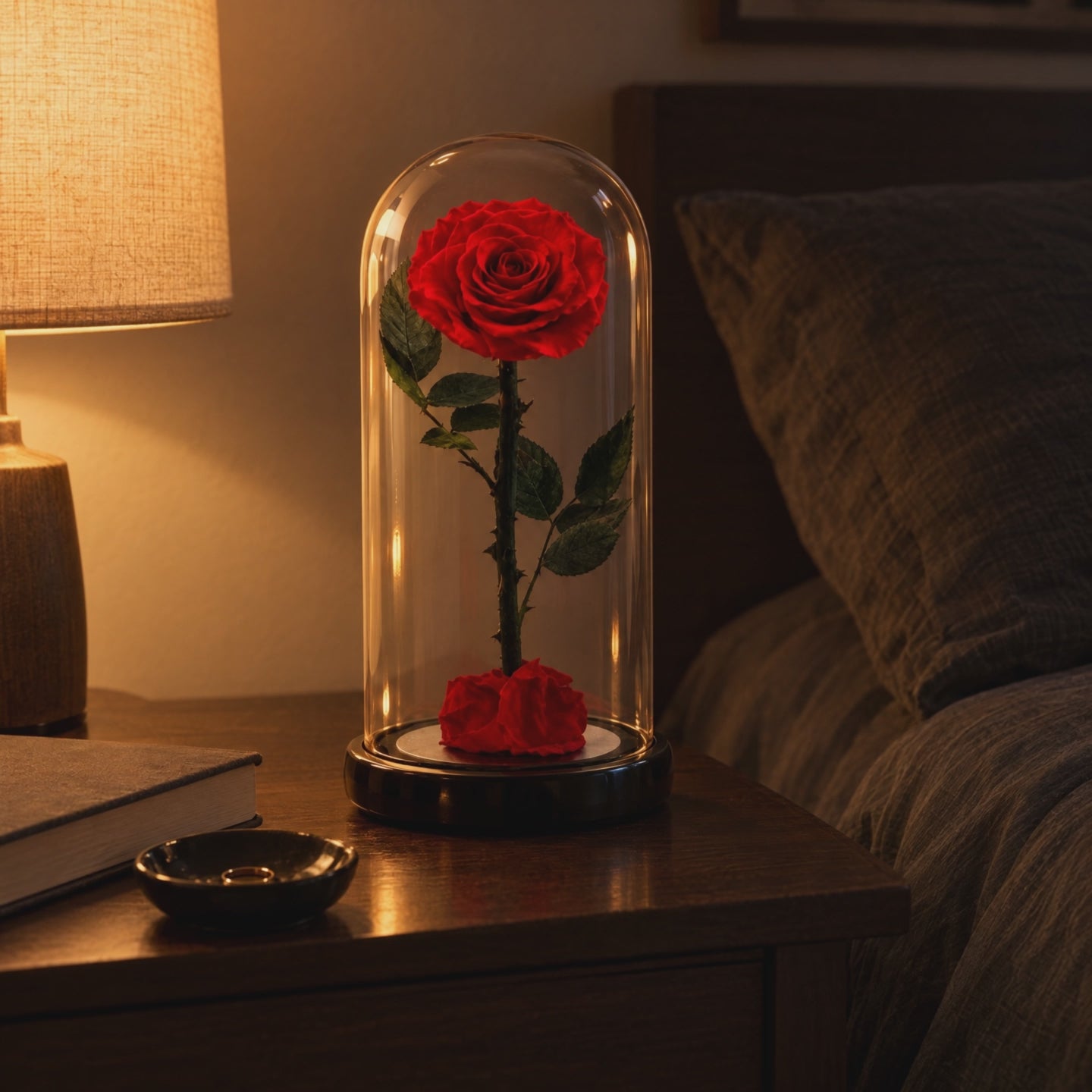Eternal Rose Dome on a nightstand at night