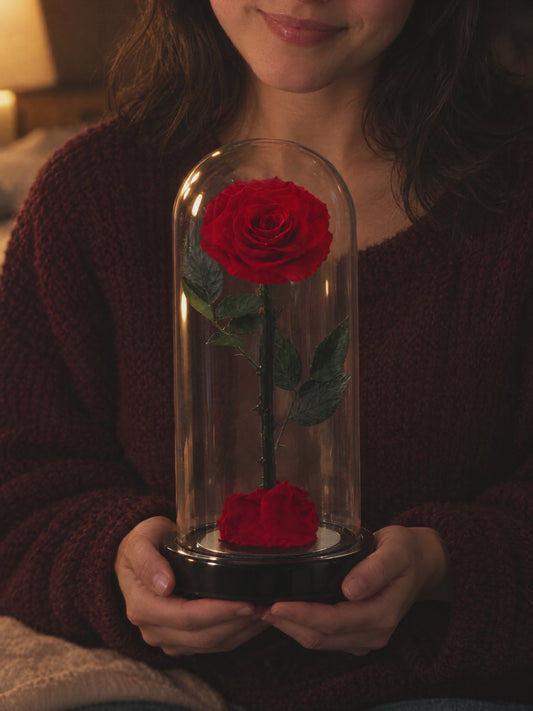 Woman holding the Promise Rose close