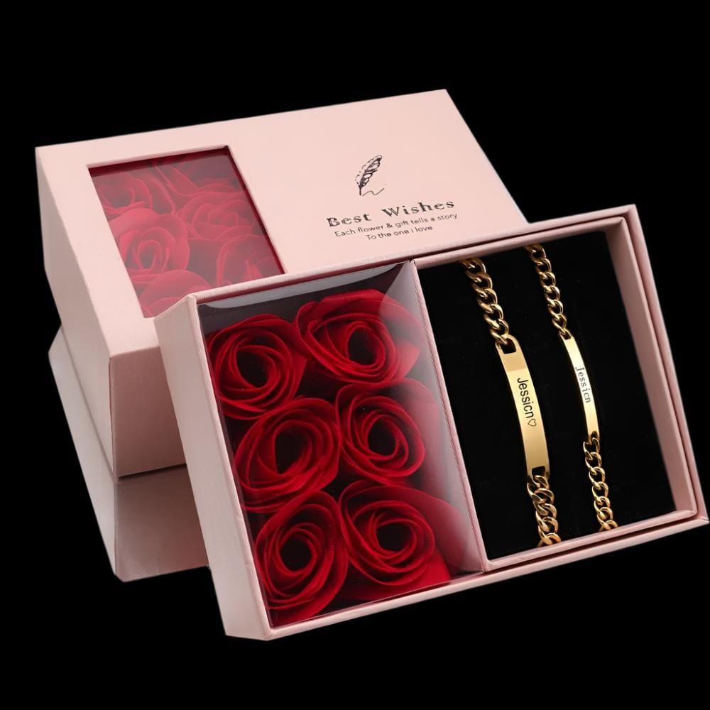 Sparkly Roses Engraved Bracelet Set W/ Eternal Roses