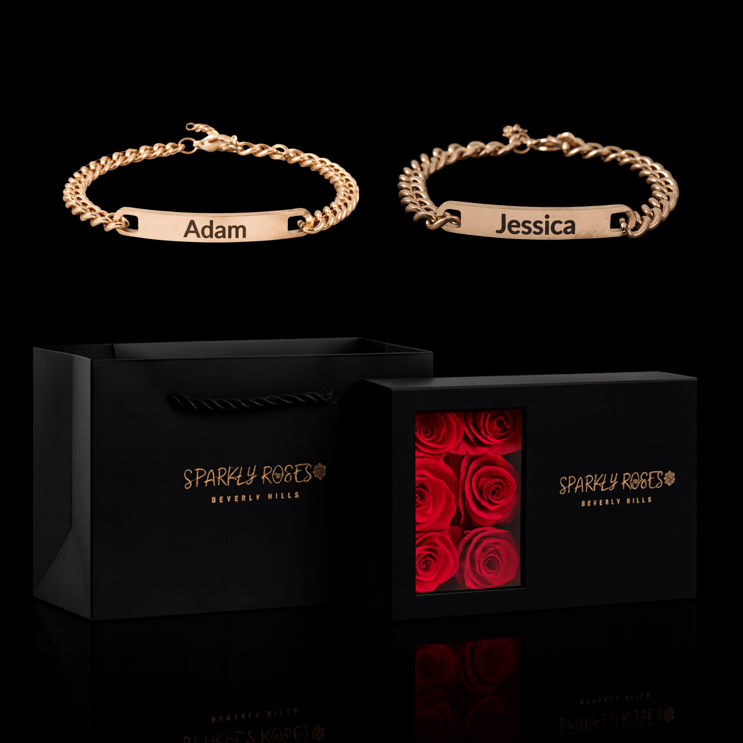 Sparkly Roses Engraved Bracelets Gift Set Rose Gold