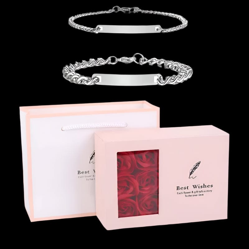 Sparkly Roses Engraved Bracelets Gift Set Silver