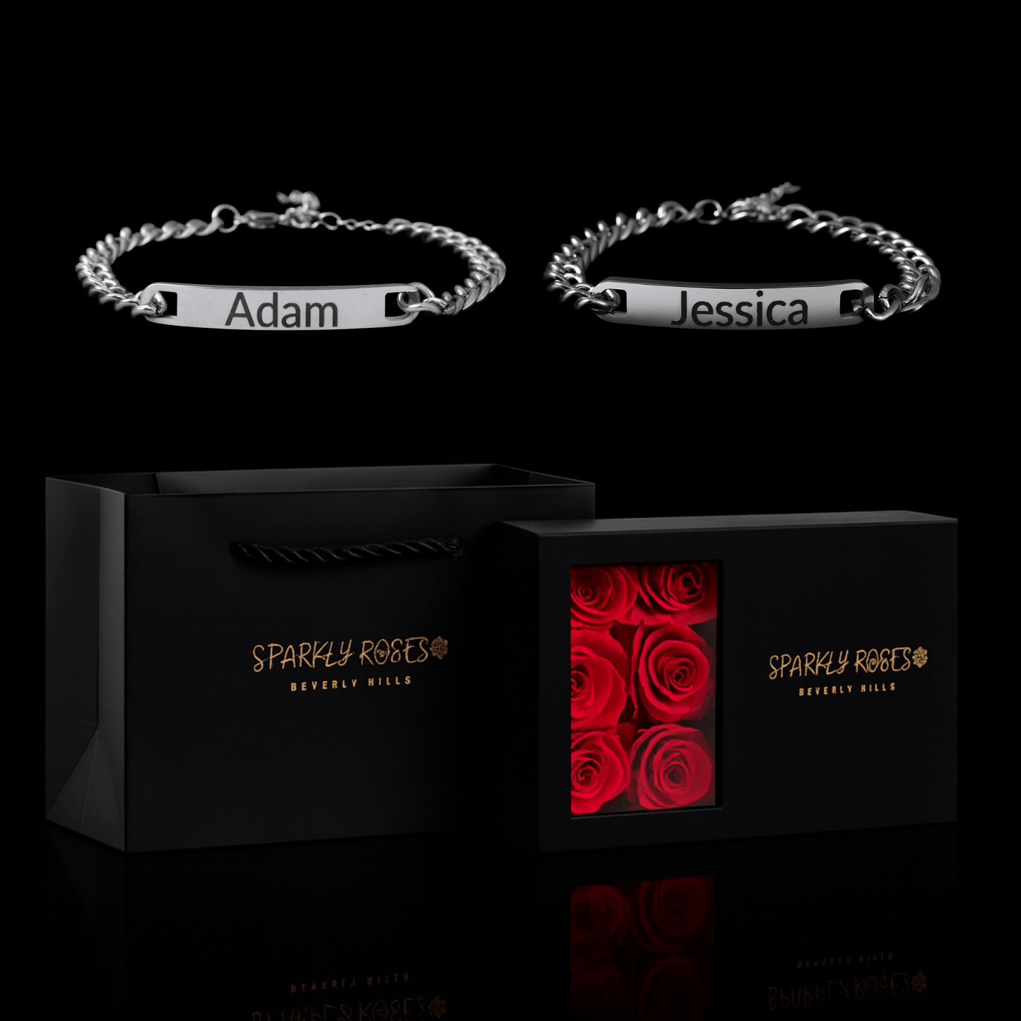 Sparkly Roses Engraved Bracelets Gift Set Silver