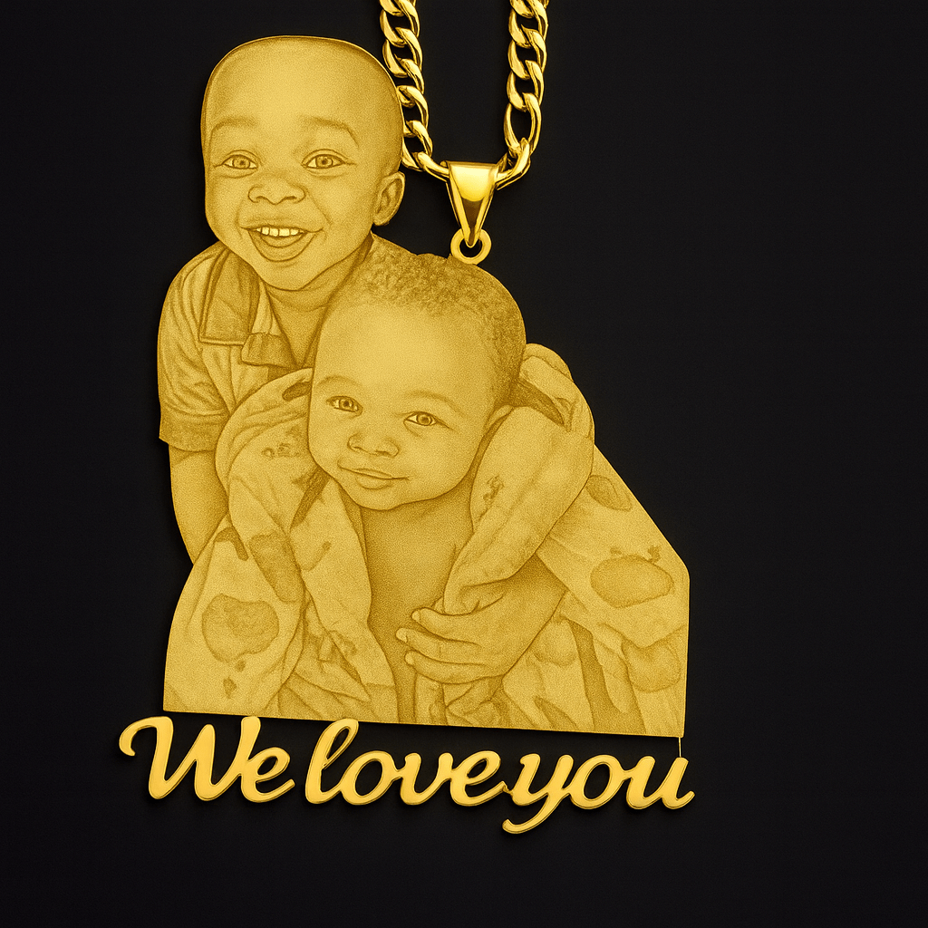 Sparkly Roses Engraved Photo & Name Necklace Gold