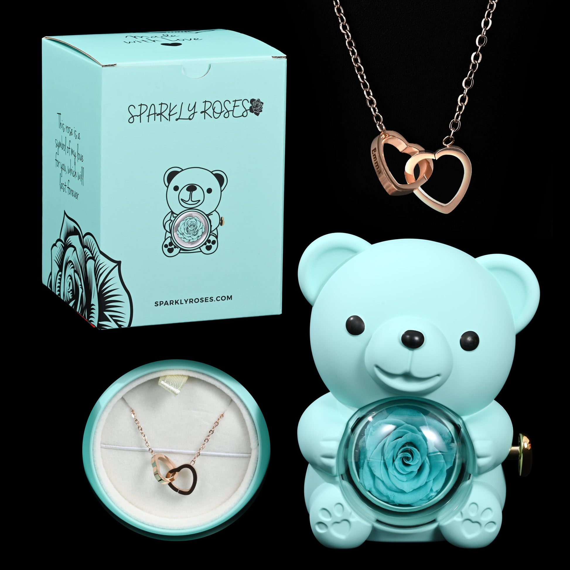 Sparkly Roses Eternal Rose Bear W/ Engraved Necklace Blue / Rose Gold