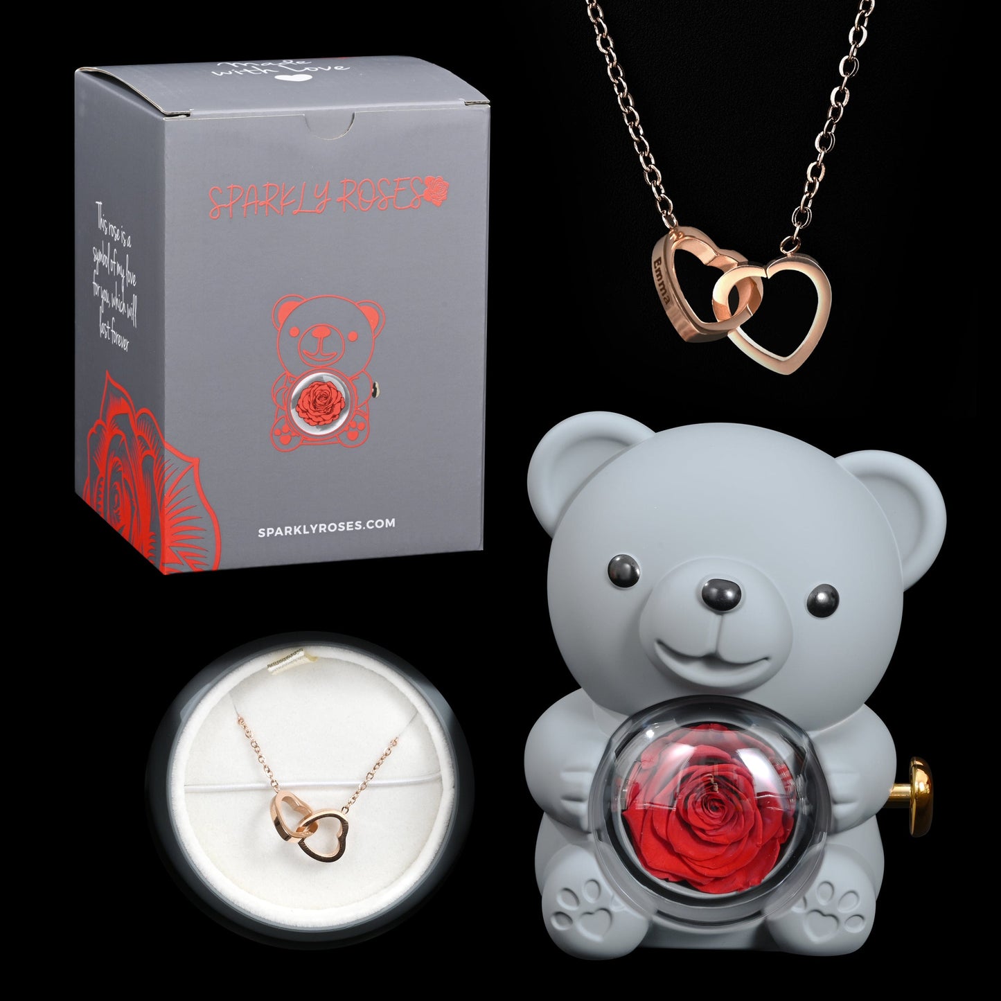 Sparkly Roses Eternal Rose Bear W/ Engraved Necklace Grey / Rose Gold