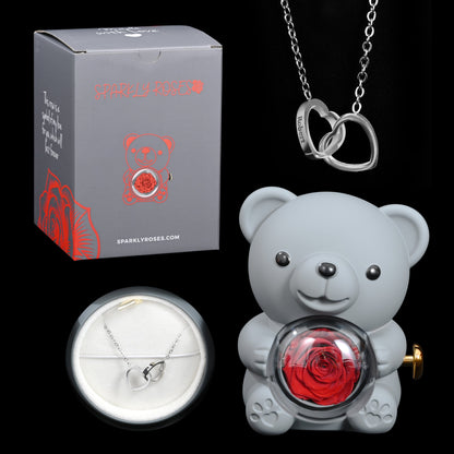 Sparkly Roses Eternal Rose Bear W/ Engraved Necklace Grey / Silver