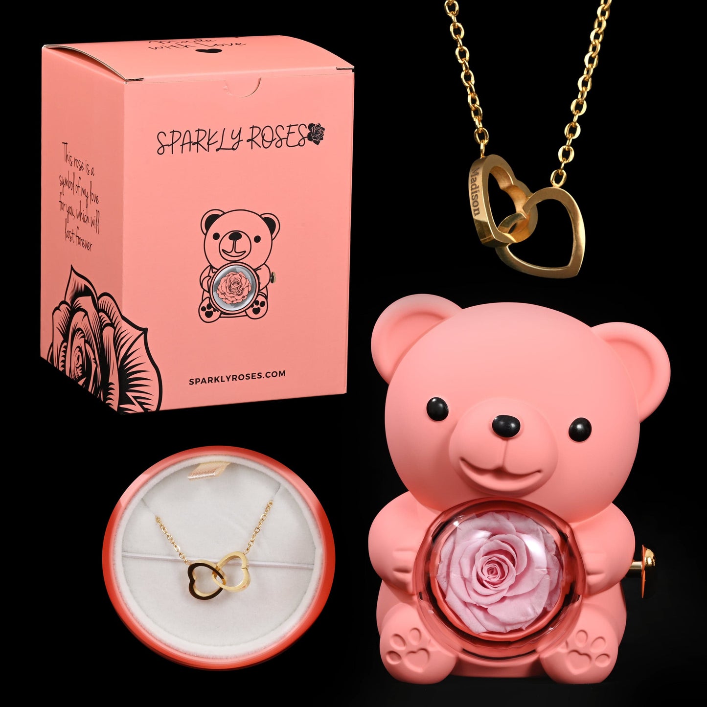 Sparkly Roses Eternal Rose Bear W/ Engraved Necklace Pink / Gold