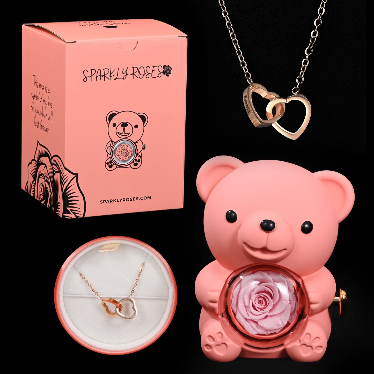 Sparkly Roses Eternal Rose Bear W/ Engraved Necklace Pink / Rose Gold