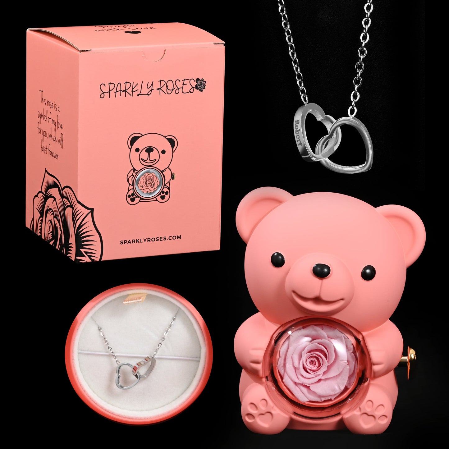 Sparkly Roses Eternal Rose Bear W/ Engraved Necklace Pink / Silver