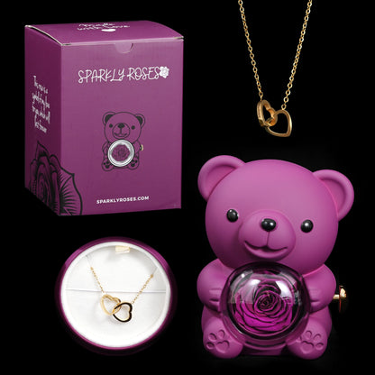 Sparkly Roses Eternal Rose Bear W/ Engraved Necklace Purple / Gold