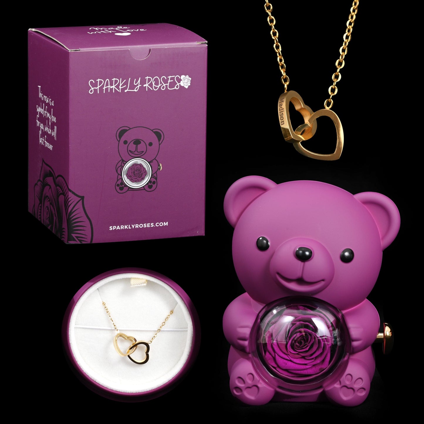 Sparkly Roses Eternal Rose Bear W/ Engraved Necklace Purple / Gold