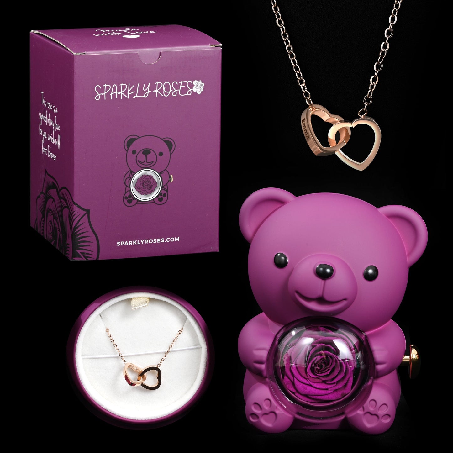 Sparkly Roses Eternal Rose Bear W/ Engraved Necklace Purple / Rose Gold