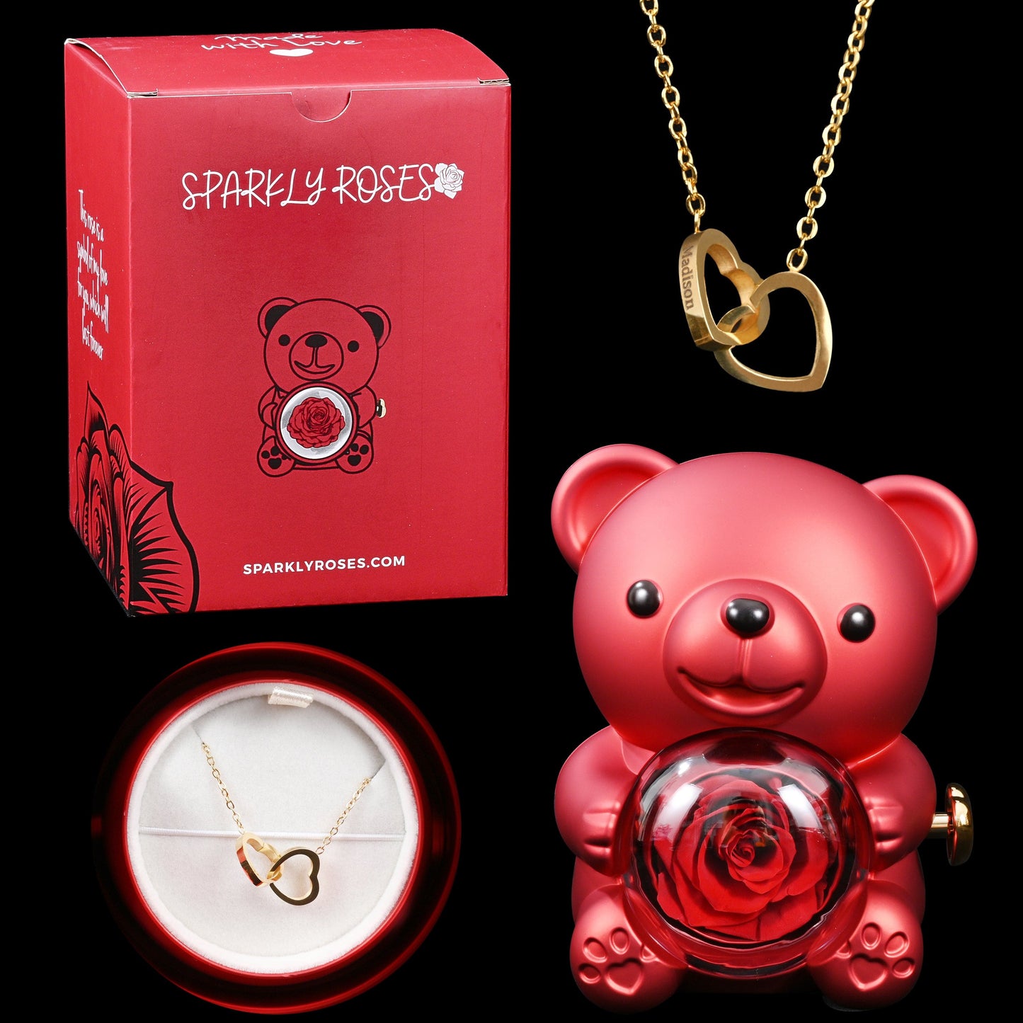 Sparkly Roses Eternal Rose Bear W/ Engraved Necklace Red / Gold