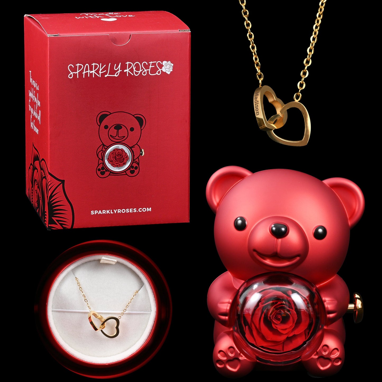 Sparkly Roses Eternal Rose Bear W/ Engraved Necklace Red / Gold