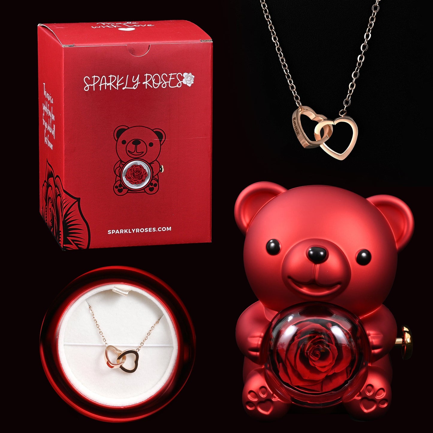 Sparkly Roses Eternal Rose Bear W/ Engraved Necklace Red / Rose Gold