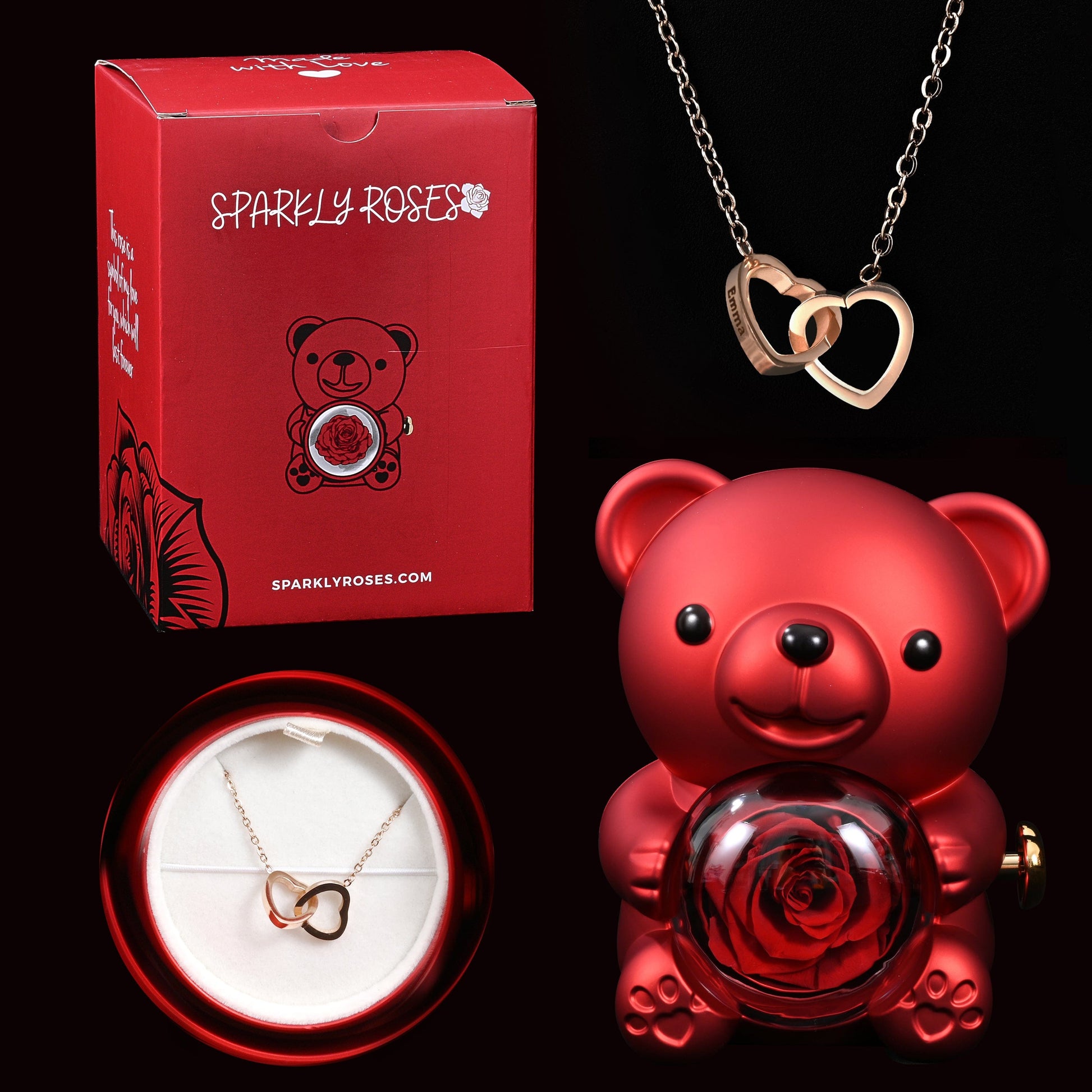 Sparkly Roses Eternal Rose Bear W/ Engraved Necklace Red / Rose Gold