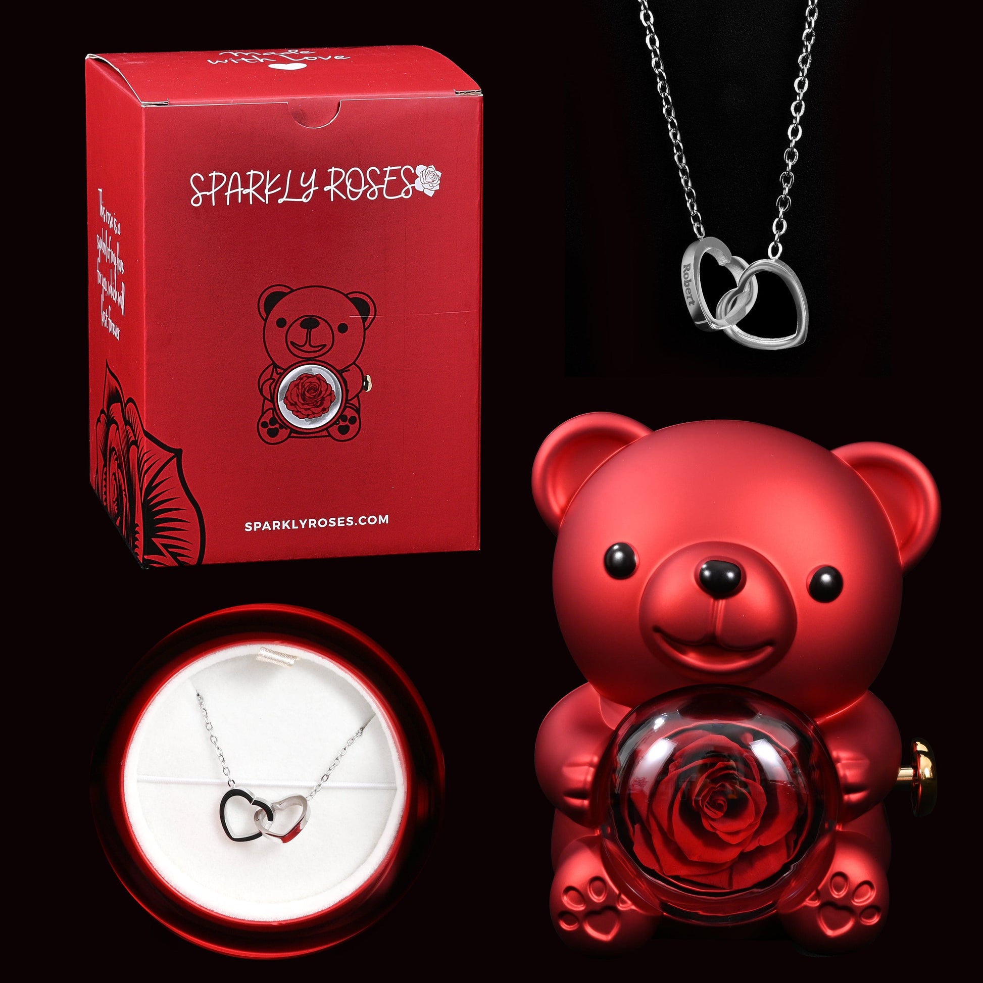 Sparkly Roses Eternal Rose Bear W/ Engraved Necklace Red / Silver