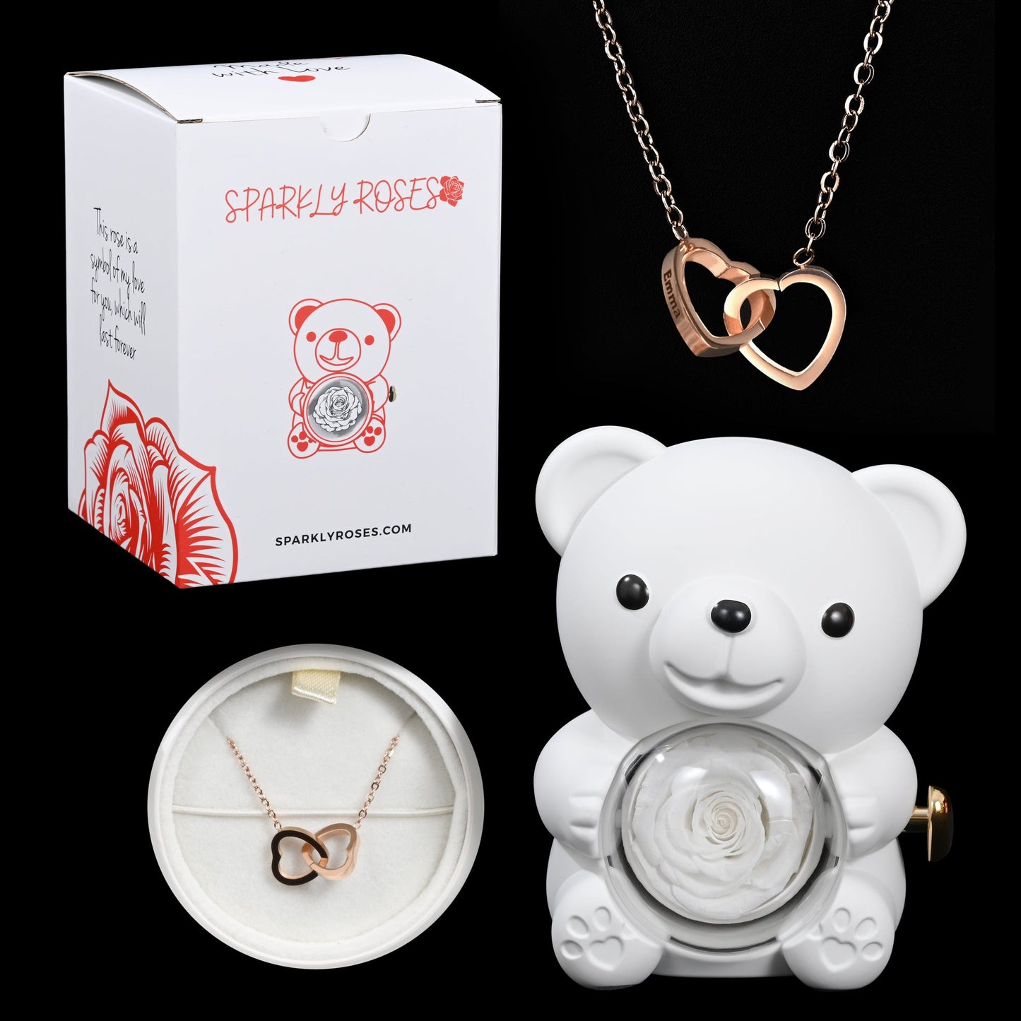 Sparkly Roses Eternal Rose Bear W/ Engraved Necklace White / Rose Gold