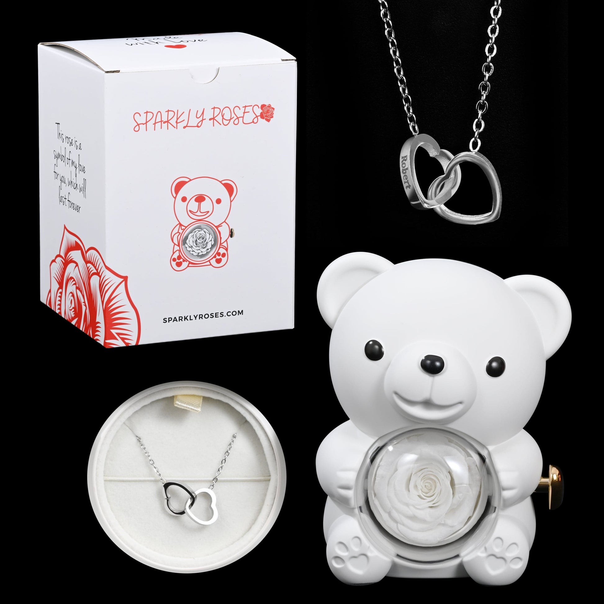 Sparkly Roses Eternal Rose Bear W/ Engraved Necklace White / Silver