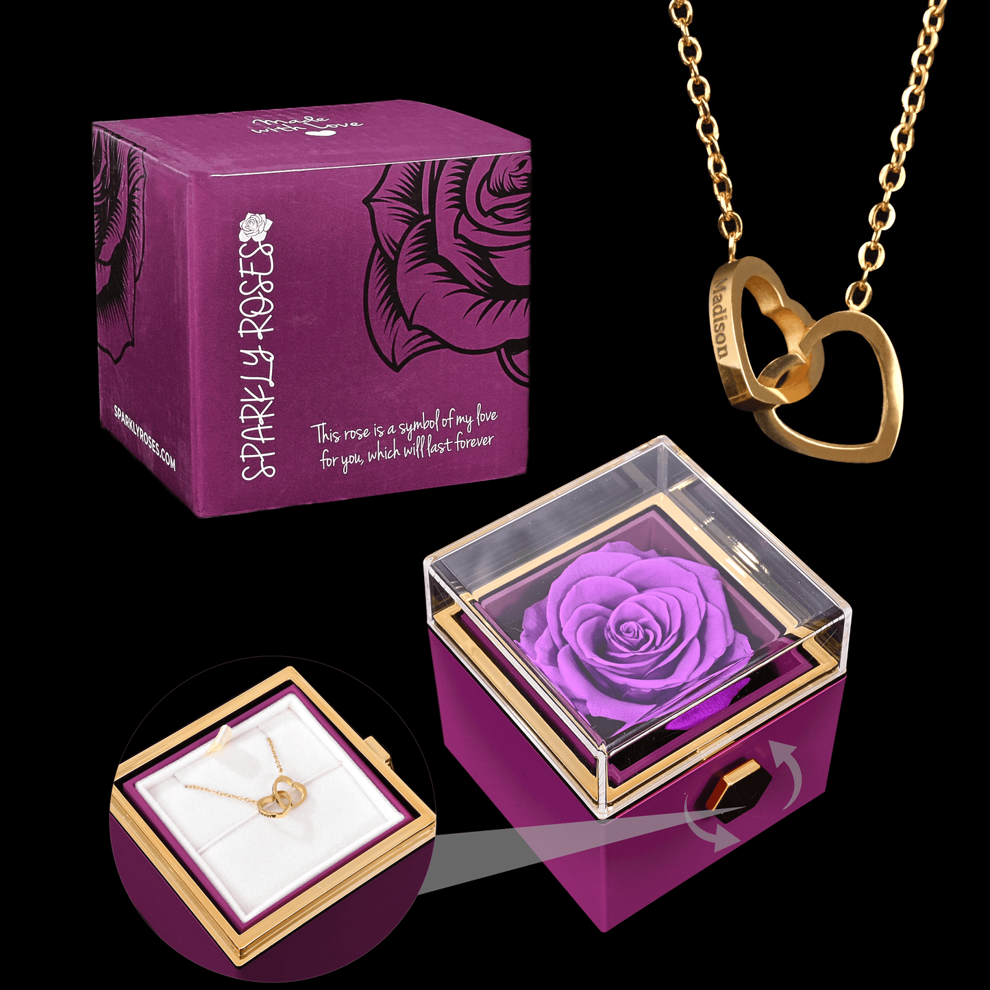 Sparkly Roses Eternal Rose Box W/ Engraved Necklace Purple / Gold