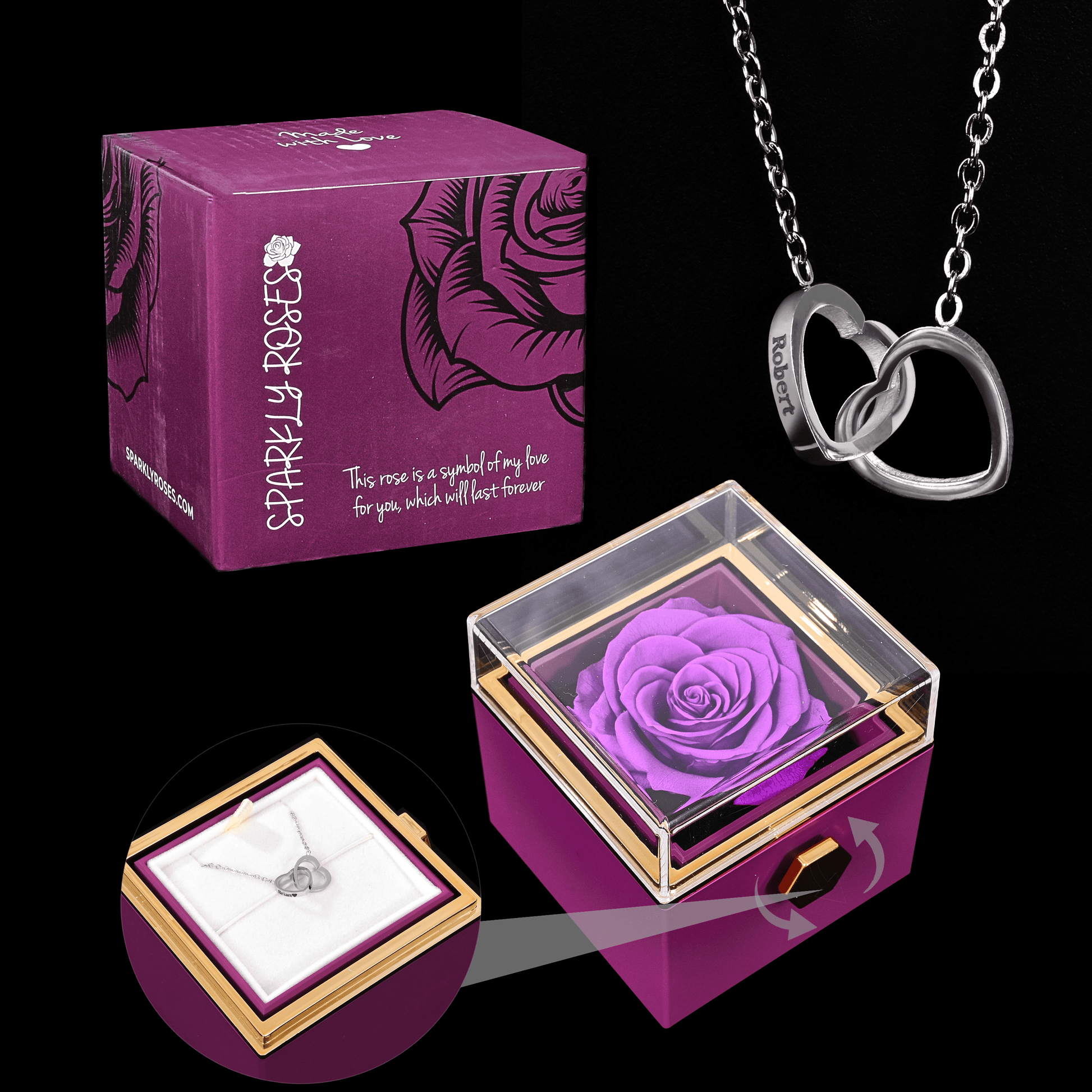 Sparkly Roses Eternal Rose Box W/ Engraved Necklace Purple / Silver