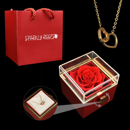 Sparkly Roses Eternal Rose Box - W/ Engraved Necklace & Real Rose Red / Gold