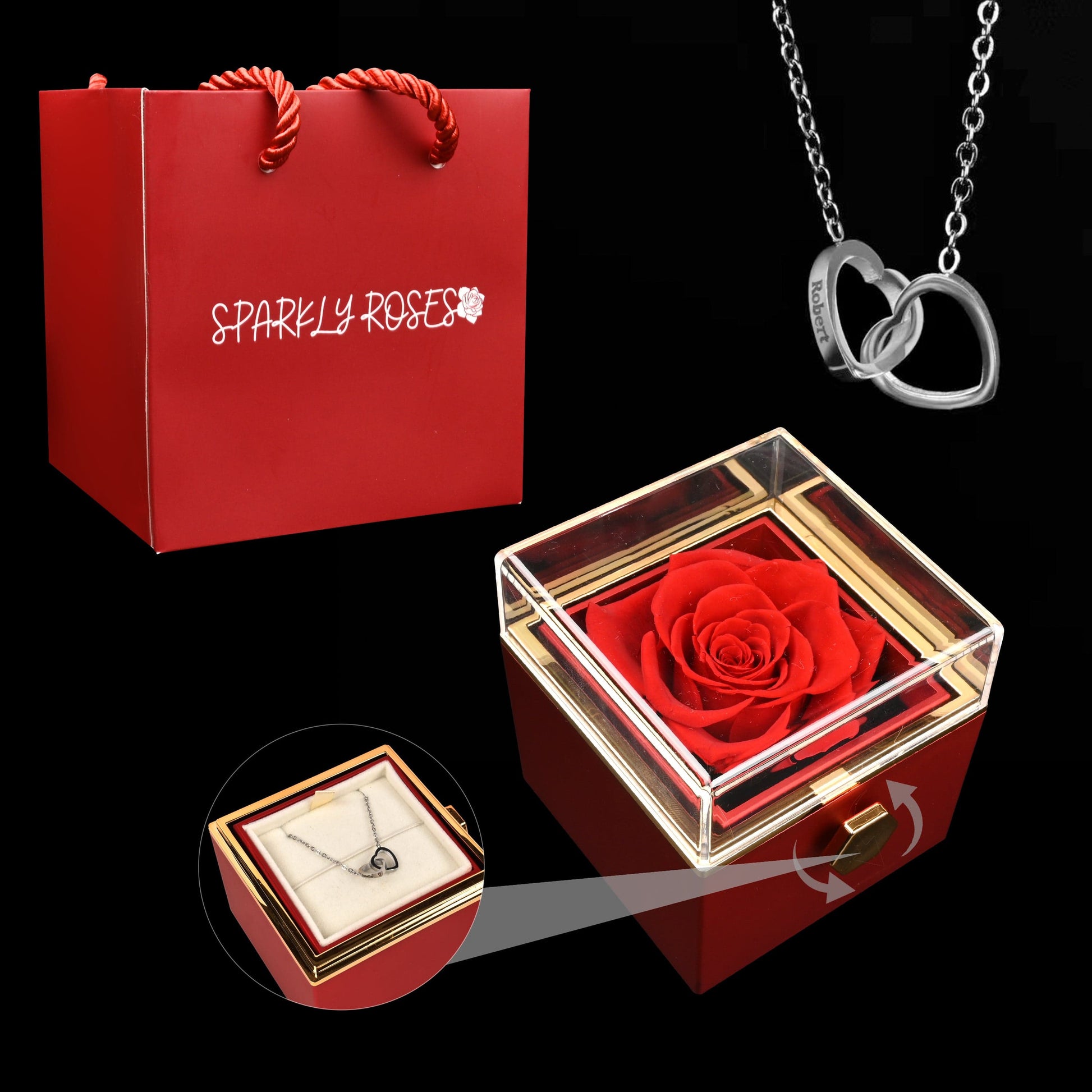 Sparkly Roses Eternal Rose Box - W/ Engraved Necklace & Real Rose Red / Silver