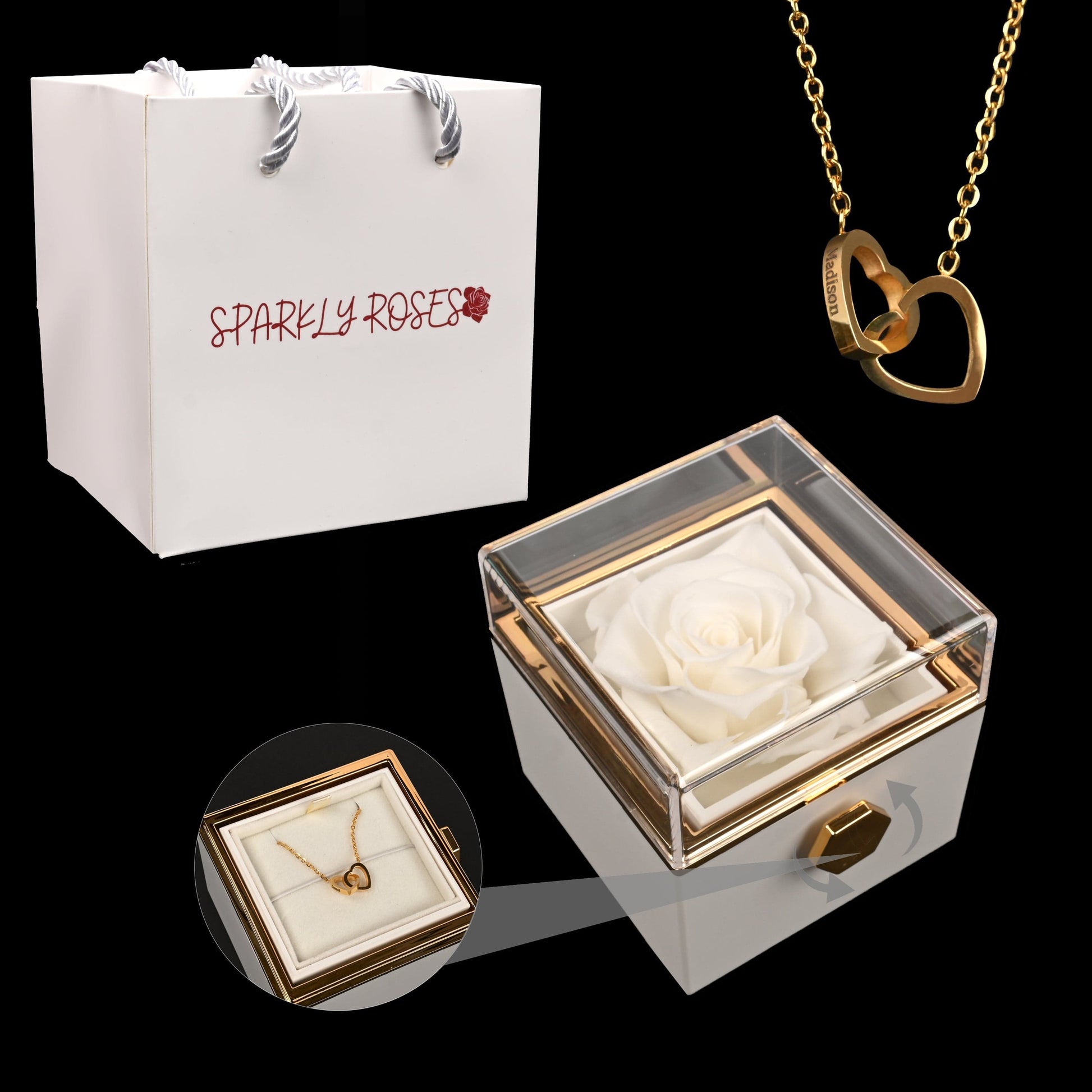 Sparkly Roses Eternal Rose Box - W/ Engraved Necklace & Real Rose White / Gold