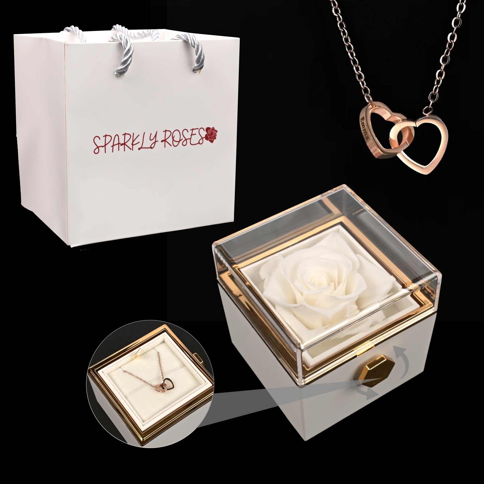 Sparkly Roses Eternal Rose Box - W/ Engraved Necklace & Real Rose White / Rose Gold