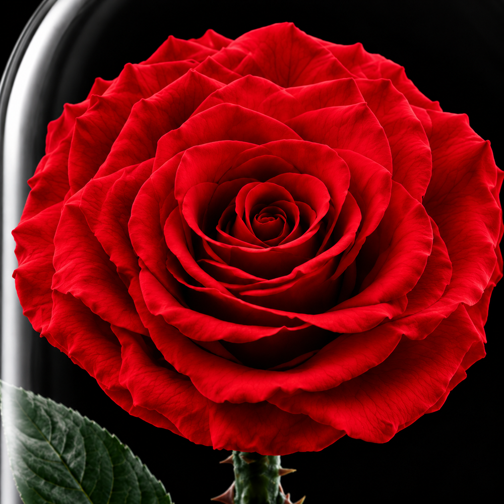 Close up of the preserved rose, its petals and leaves