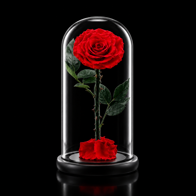 The Promise Rose, one preserved red rose under a glass dome