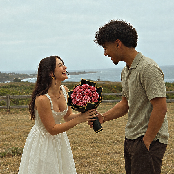 Glitter Rose Bouquet, Pink, 12 roses, held by a couple