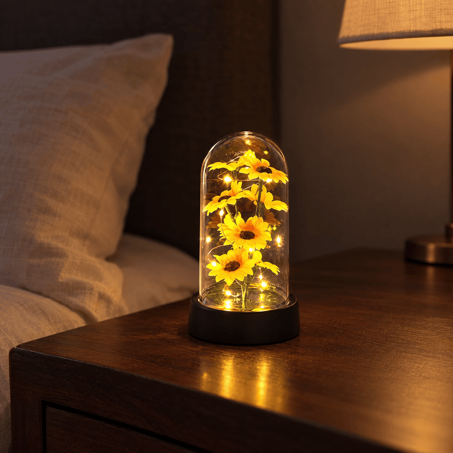 Little Sunshine Sunflower glowing on her nightstand